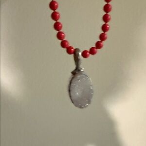 Red coral Beaded Necklace with a Sterling Silver Quartz Pendant